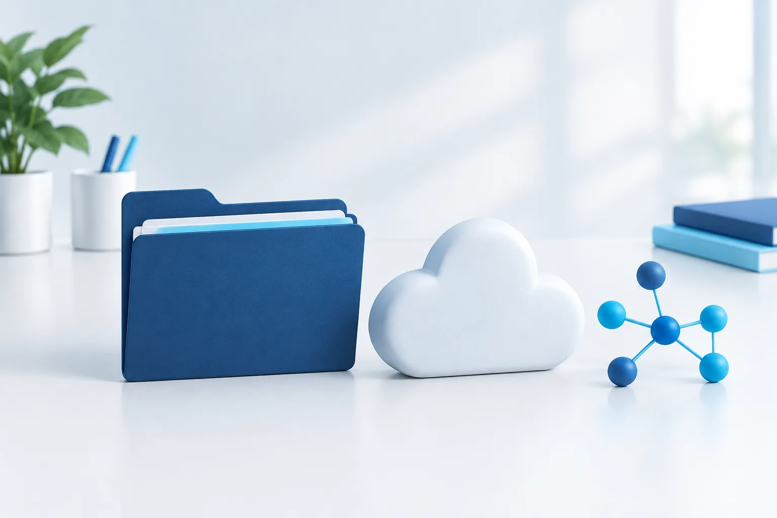 A simple cloud sculpture and connected network motif arranged on a clean desk.