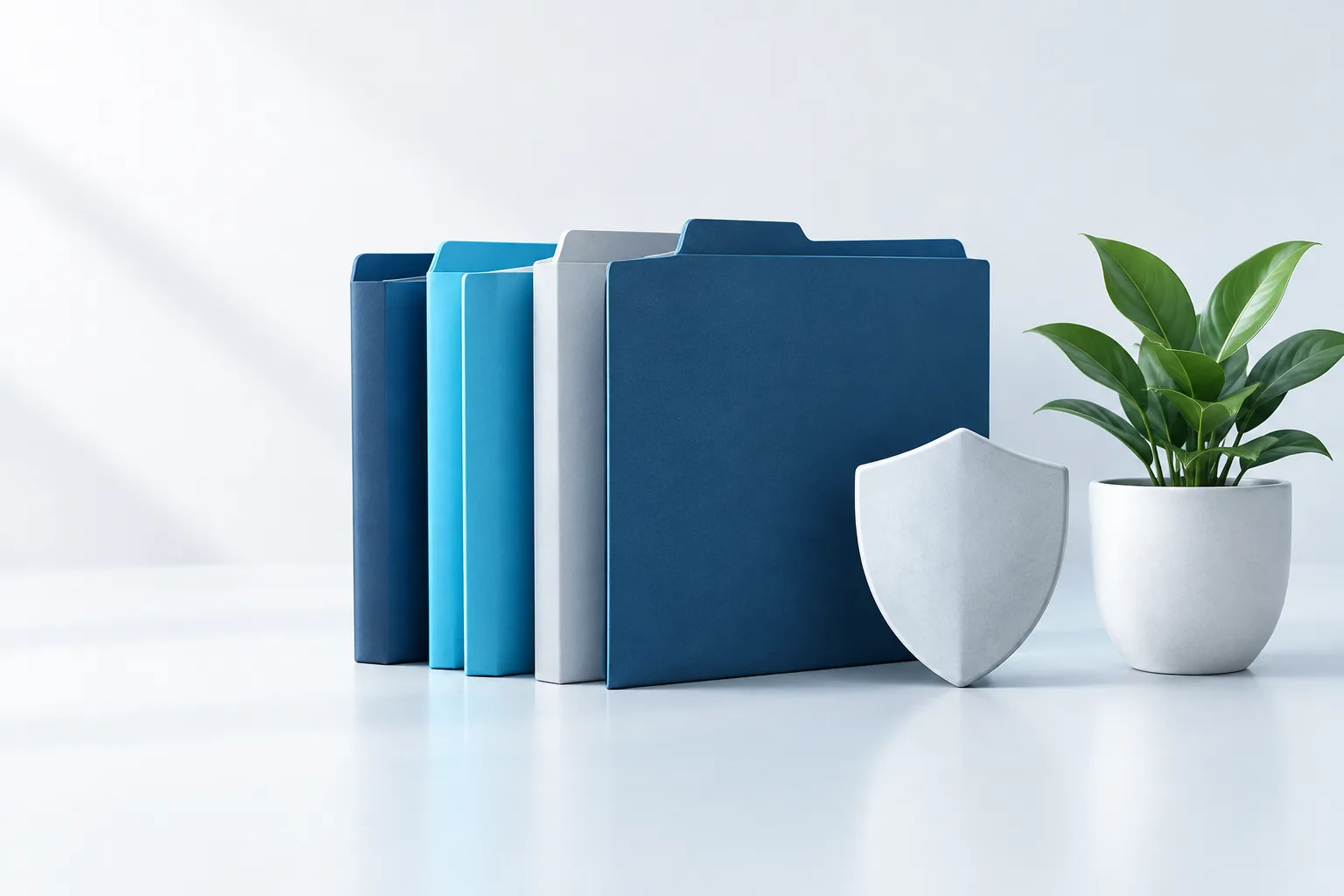 Blank folders arranged neatly beside a small shield-shaped paperweight and a plant.