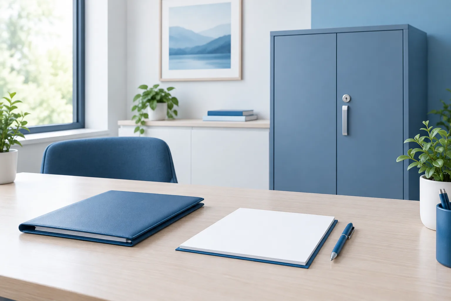 A quiet healthcare office workspace with blank folders and a closed storage cabinet.