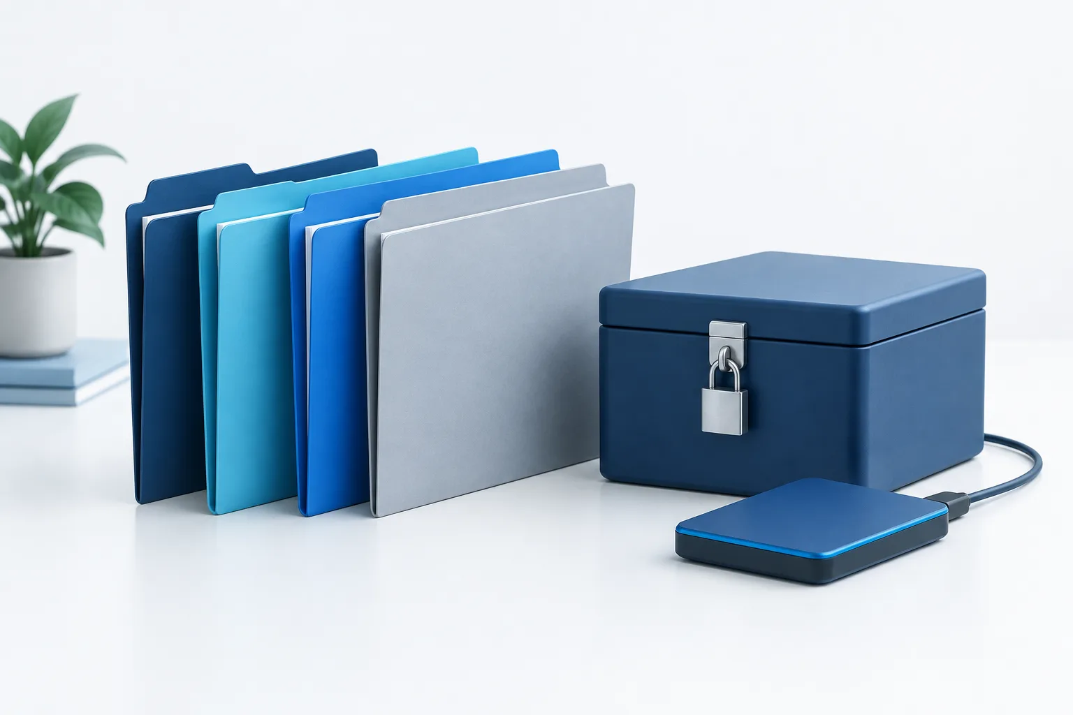 Plain folders arranged beside a small locked storage box and backup drive.