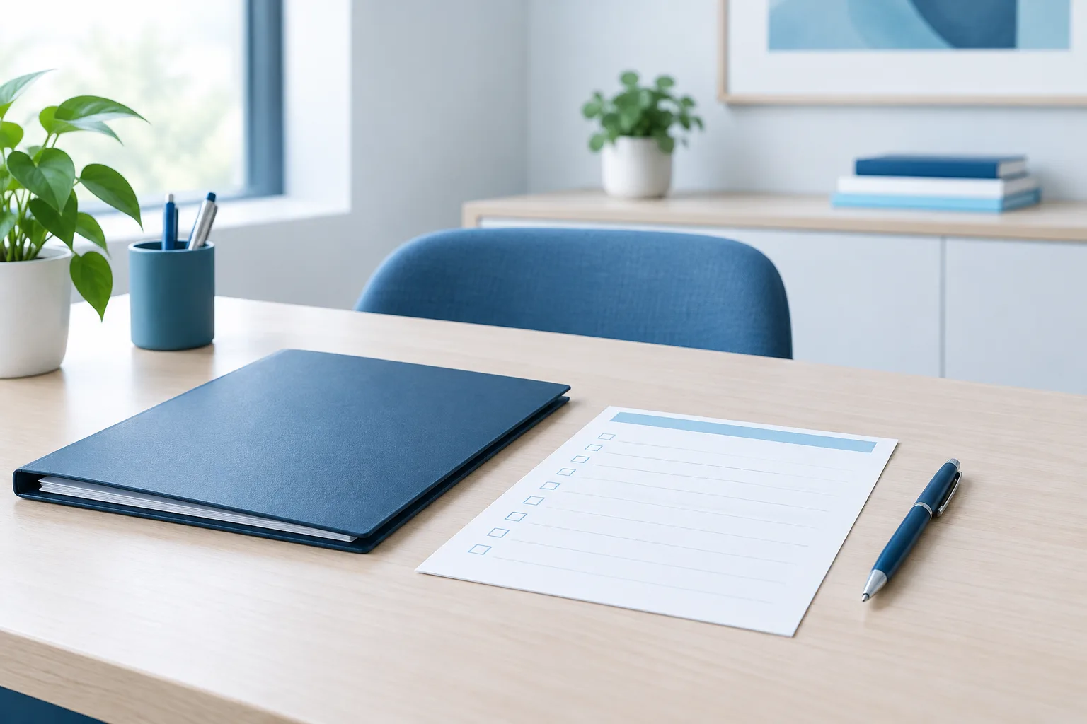 A neat office desk with a closed folder, pen, and blank checklist sheet.